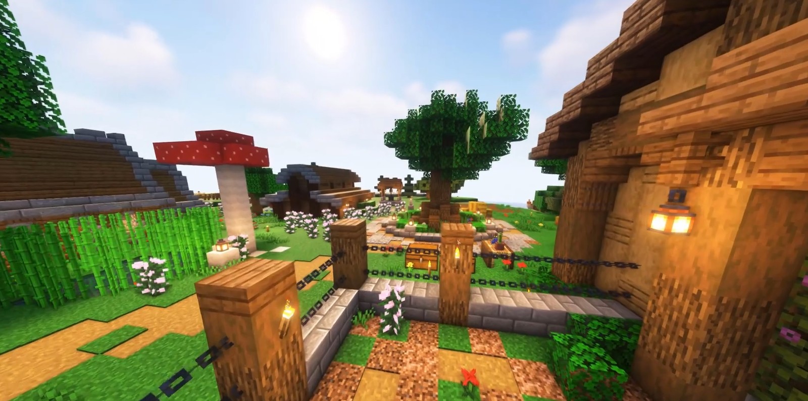 Minecraft village paths, gardens and wooden buildings in SquareNetwork